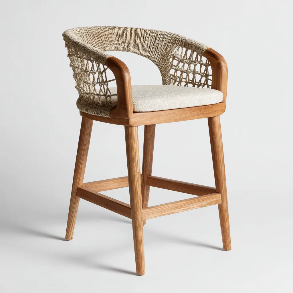 Sgabello da bar Tessuto-Corda-Legno 46x54x102 cm - Beige-Marrone - Design naturale-Livingvo