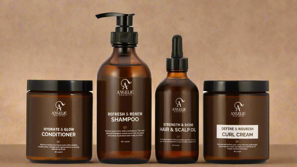 Angelic Organics Brown Glass Bottles Against Beige Background