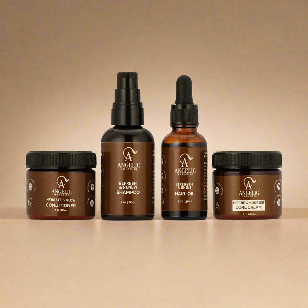 Set of Angelic Organics travel-size and gift set hair care products on a beige background