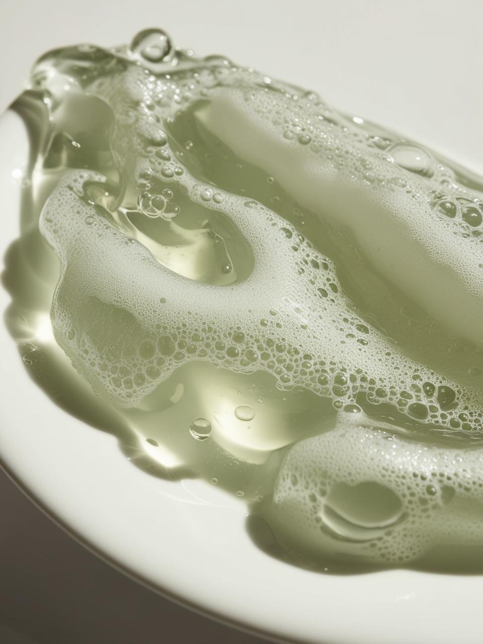A_close_up_image_of_pure_clear_shampoo_gel_with_small_bubbles_and_foam_in_low_light