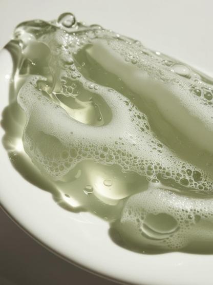 A_close_up_image_of_pure_clear_shampoo_gel_with_small_bubbles_and_foam_in_low_light