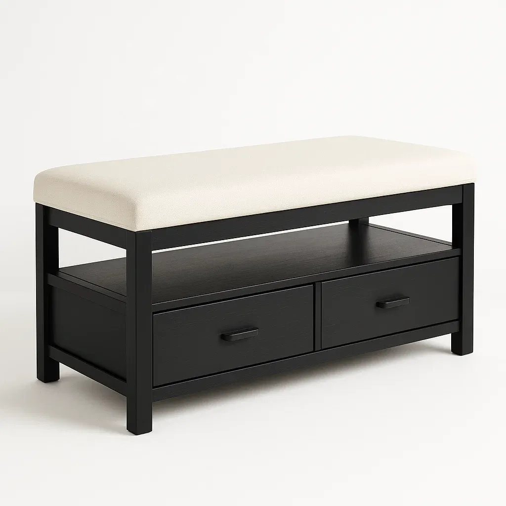 Panca da ingresso in legno nero e tessuto poliestere bianco con contenitore