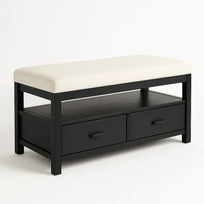 Panca da ingresso in legno nero e tessuto poliestere bianco con contenitore