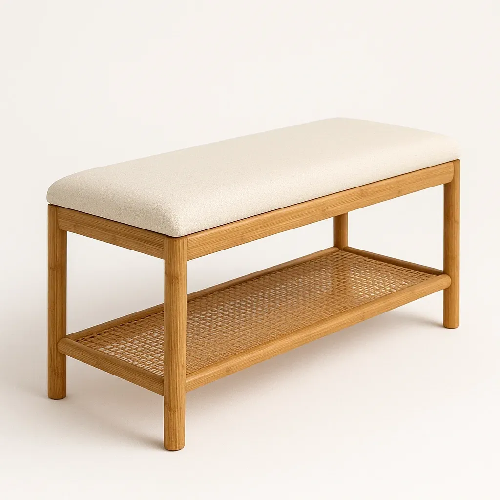 Panca da ingresso in bambù naturale e tessuto beige 100×35×45 cm