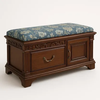 Panca da ingresso in legno con cuscino in tessuto floreale e contenitore