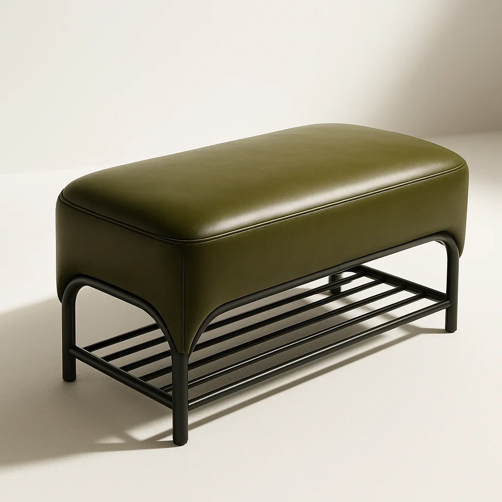 Panca da ingresso in ecopelle verde con struttura in metallo nero