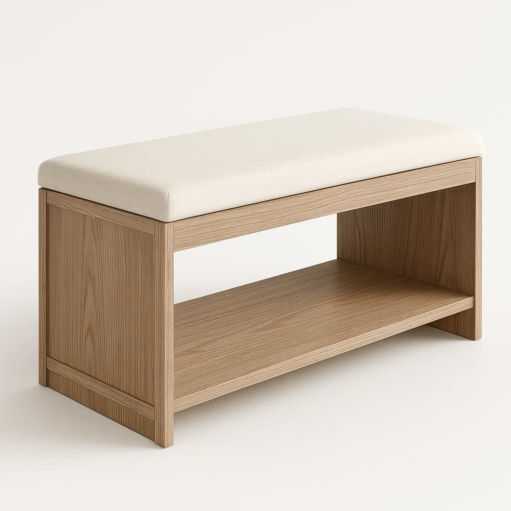 Panca da ingresso con ripiano in legno e rivestimento crema