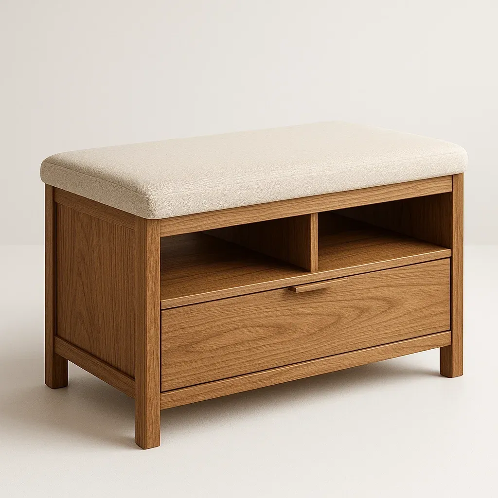 Panca da ingresso in legno con cuscino in tessuto beige 80×45×40 cm