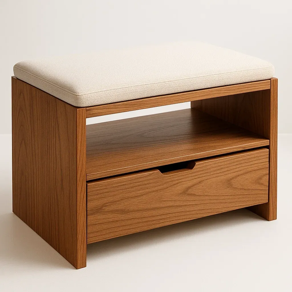 Panca da ingresso in legno con cuscino in tessuto crema e contenitore