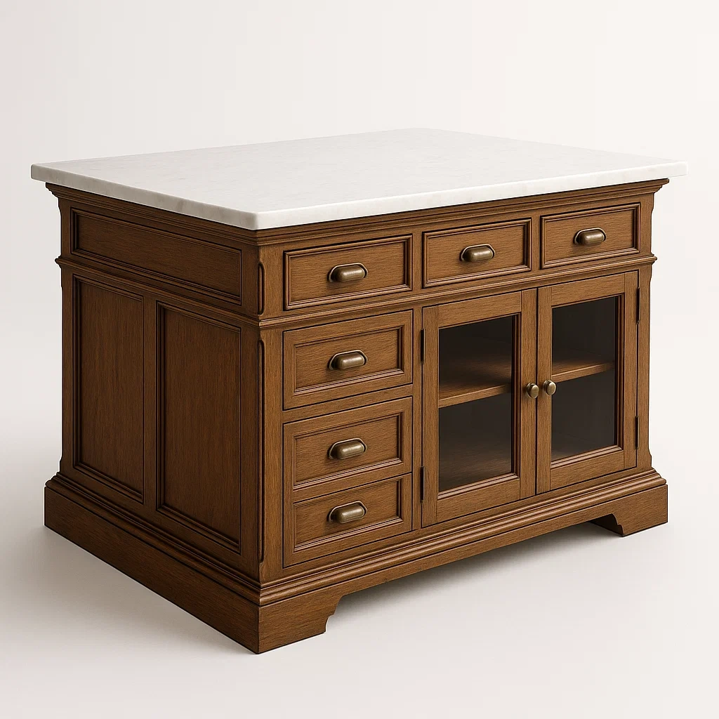 Isola da cucina in legno con piano in marmo e ante in vetro temperato