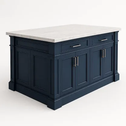Isola da cucina in legno blu con top in marmo Carrara 120×90×85 cm