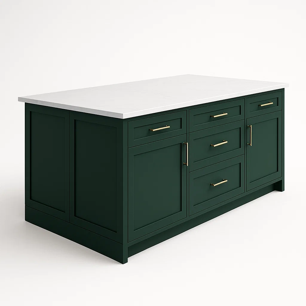 Isola da cucina in legno verde con piano in marmo bianco e maniglie in metallo dorato