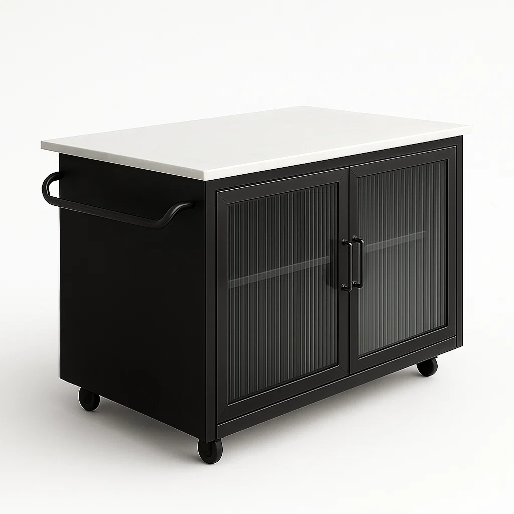 Isola da cucina nera con piano in marmo bianco