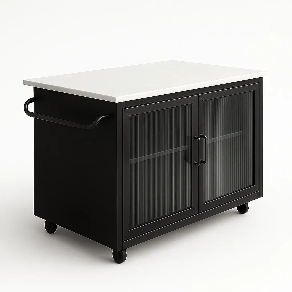 Isola da cucina nera con piano in marmo bianco