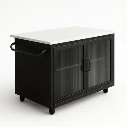 Isola da cucina nera con piano in marmo bianco