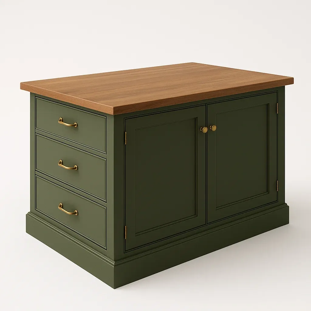 Isola da cucina in legno con superficie in rovere e cassetti verdi