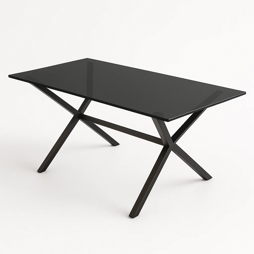 Tavolo da pranzo rettangolare in vetro temperato nero con struttura in acciaio 160×90×75 cm