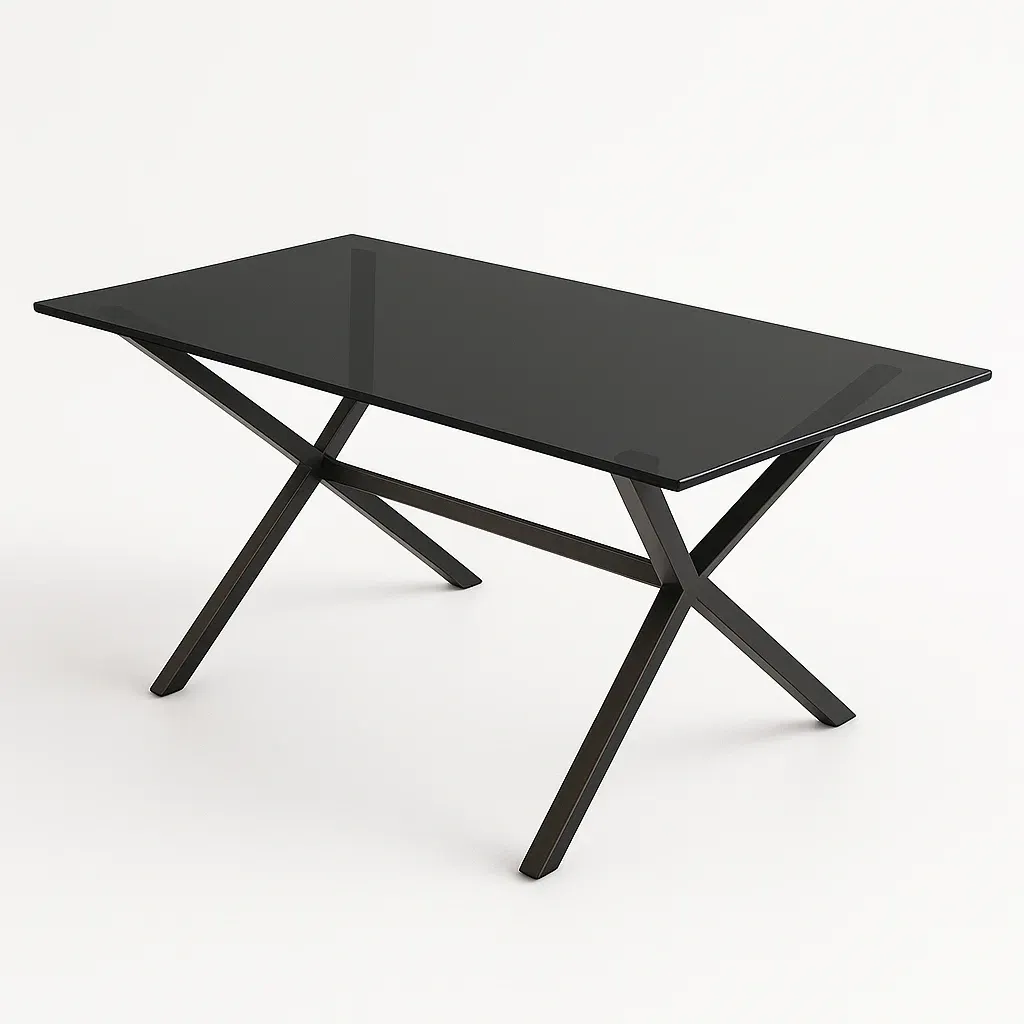 Tavolo da pranzo rettangolare in vetro temperato nero con struttura in acciaio 160×90×75 cm