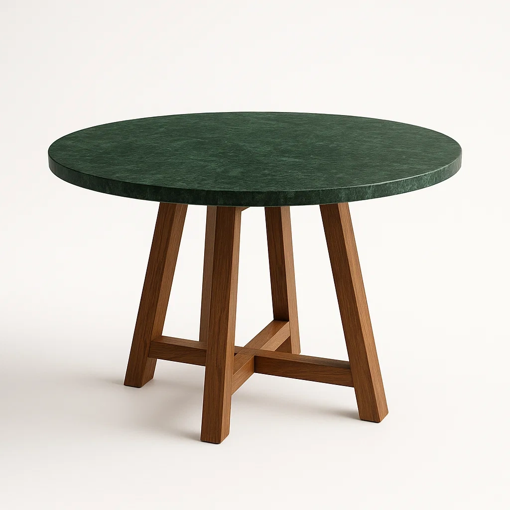 Tavolo da pranzo rotondo in marmo verde e legno massello