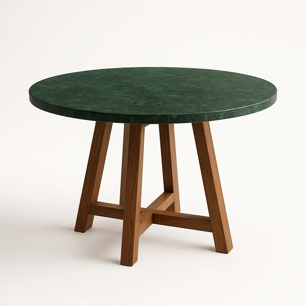 Tavolo da pranzo rotondo in marmo verde e legno massello