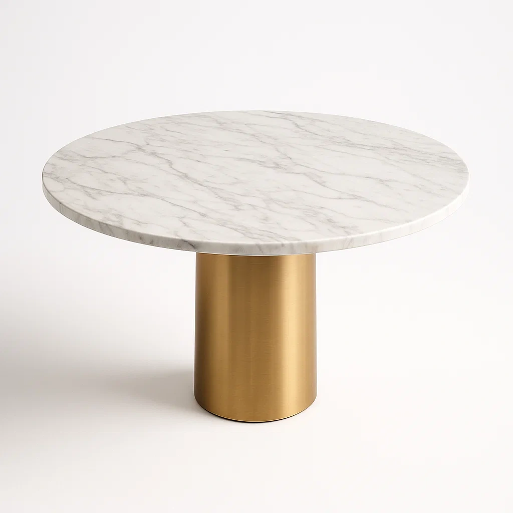 Tavolo da pranzo rotondo in marmo con base in metallo oro