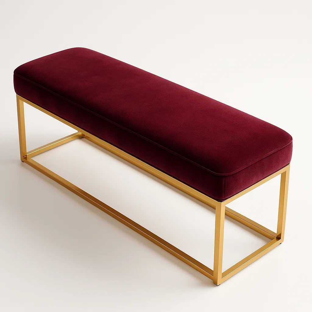 Panca da pranzo rettangolare in velluto rosso e metallo dorato 120×40×45 cm