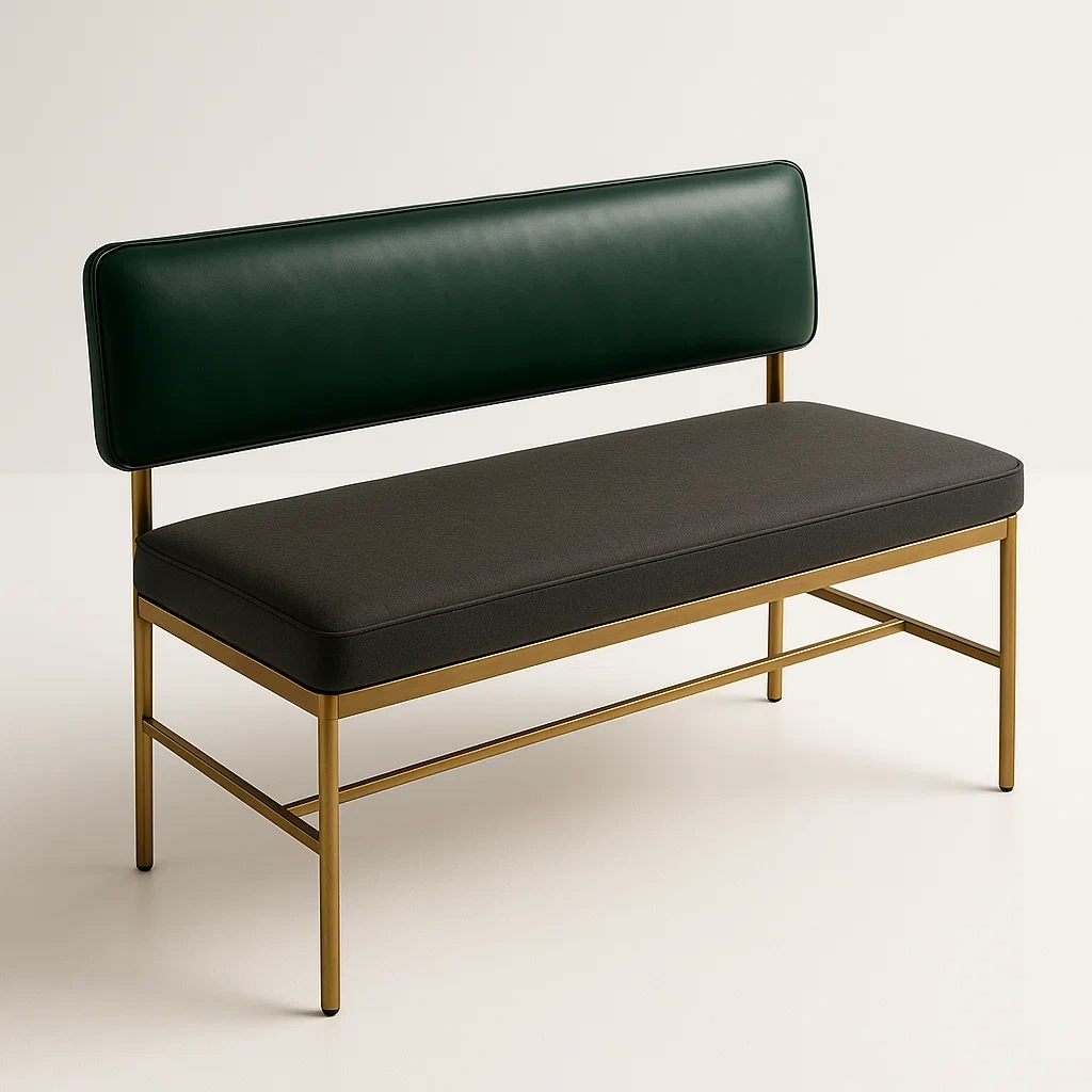 Panca da pranzo in metallo dorato con seduta in tessuto marrone e schienale in PU verde scuro