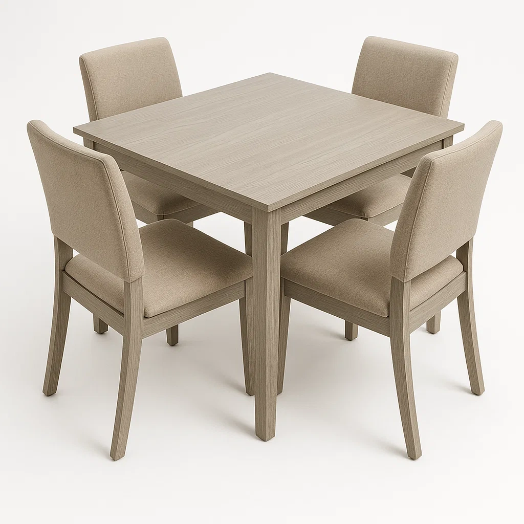 Set da pranzo in legno con tavolo e 4 sedie imbottite
