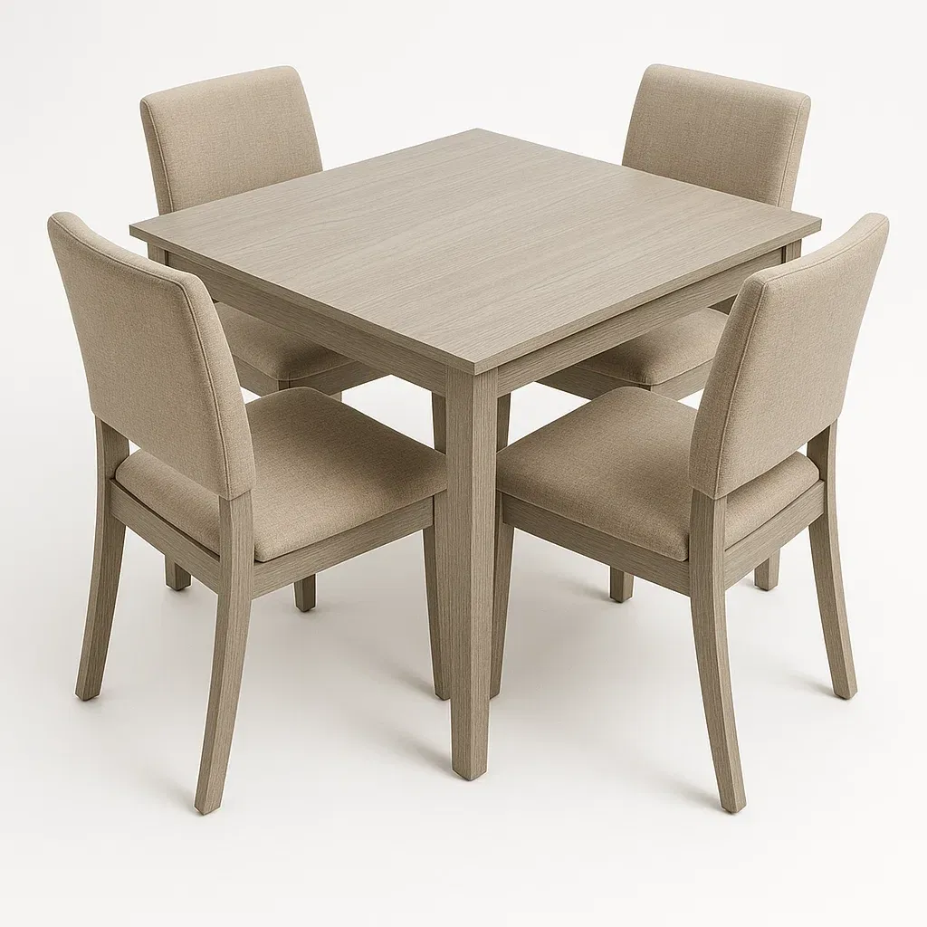 Set da pranzo in legno con tavolo e 4 sedie imbottite