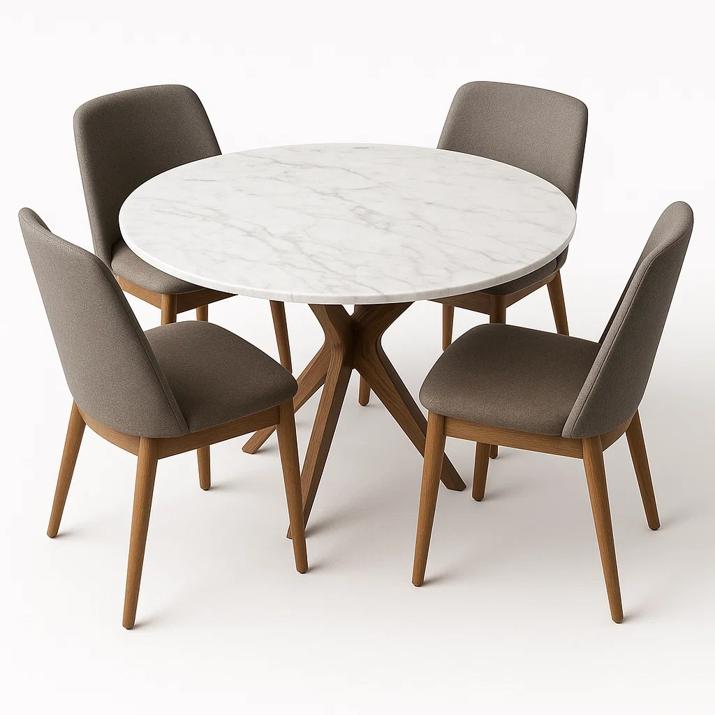 Set da pranzo con tavolo rotondo in marmo e 4 sedie in tessuto con gambe in legno