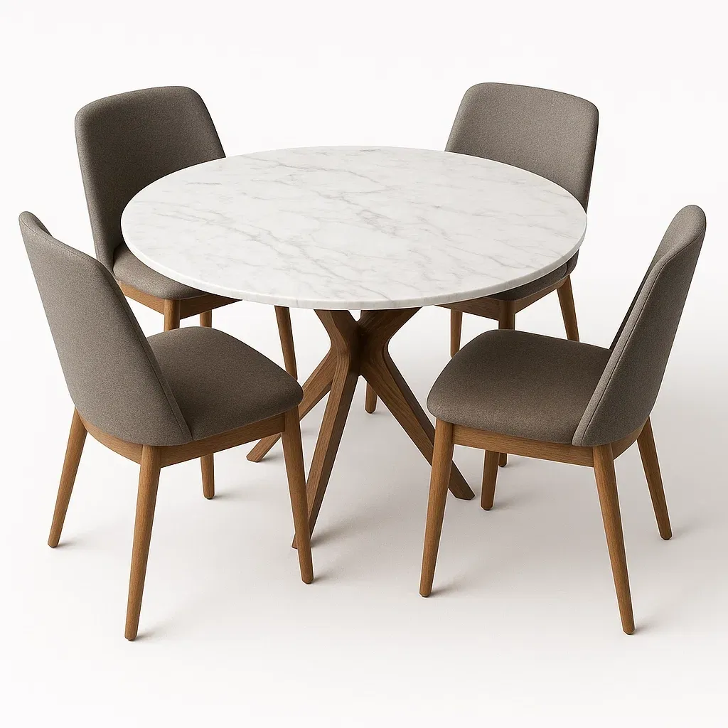 Set da pranzo con tavolo rotondo in marmo e 4 sedie in tessuto con gambe in legno