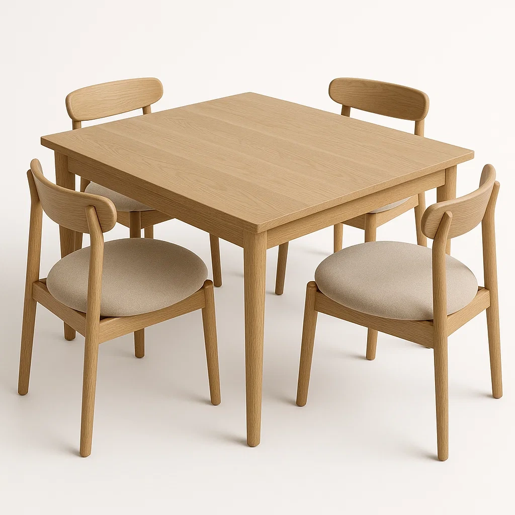 Set da pranzo in legno di quercia naturale con tavolo e sedie