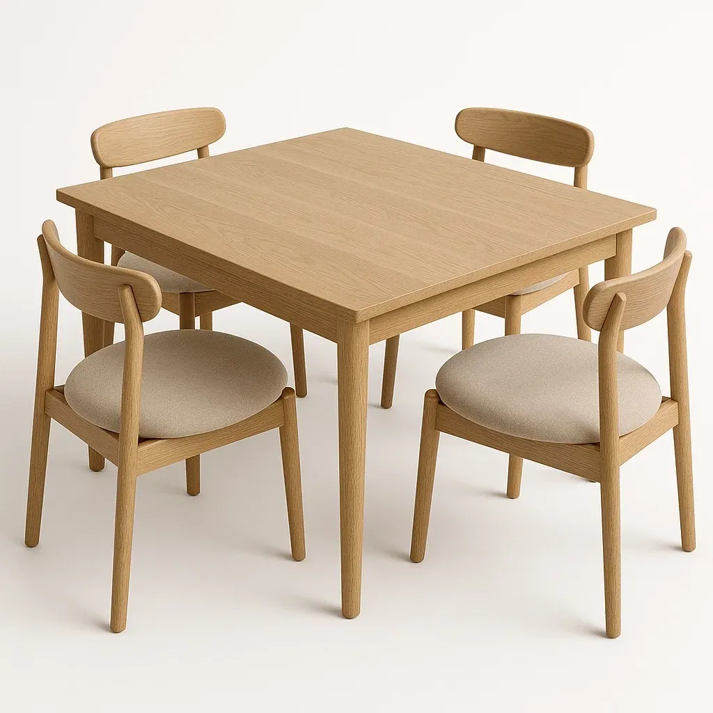 Set da pranzo in legno di quercia naturale con tavolo e sedie