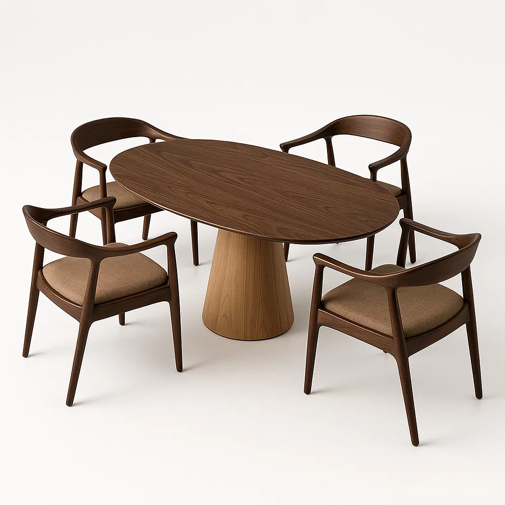 Set da pranzo con tavolo e sedie in legno di noce