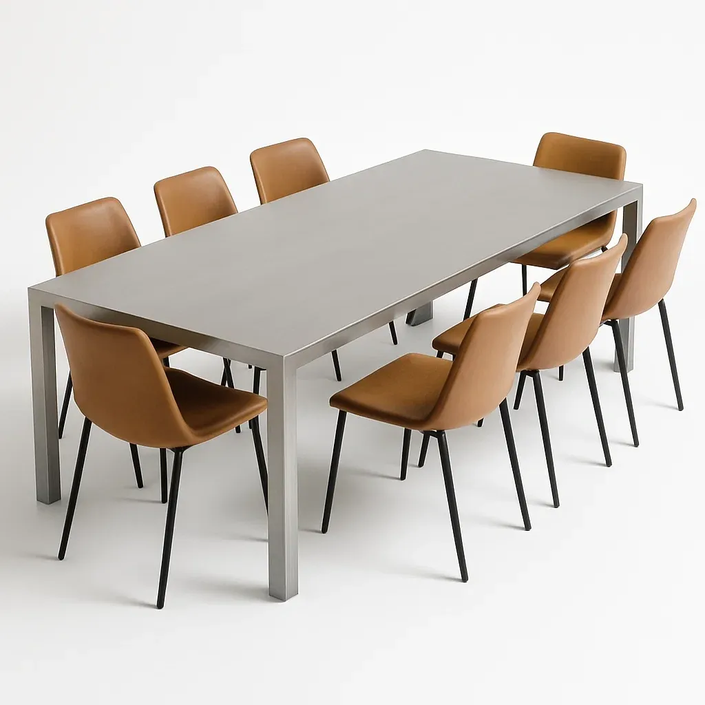 Set da pranzo con tavolo rettangolare in alluminio grigio e 8 sedie marroni