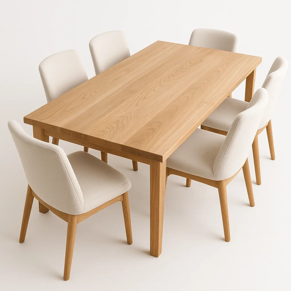 Set da pranzo in legno massello con 6 sedie in tessuto bianco