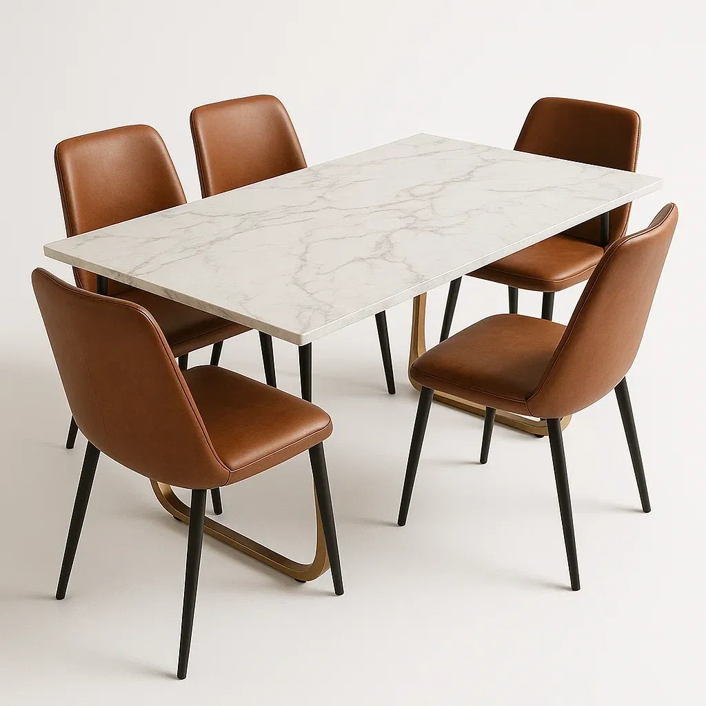 Set da pranzo con tavolo in marmo e sedie in pelle sintetica marrone