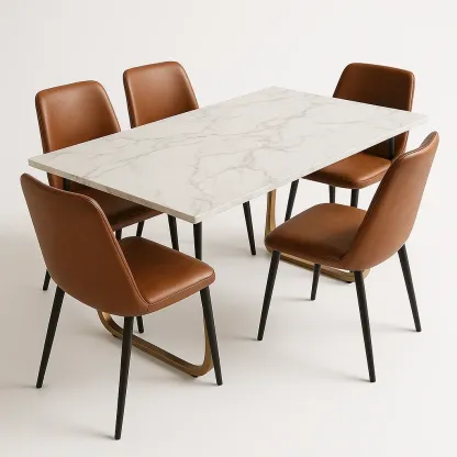 Set da pranzo con tavolo in marmo e sedie in pelle sintetica marrone