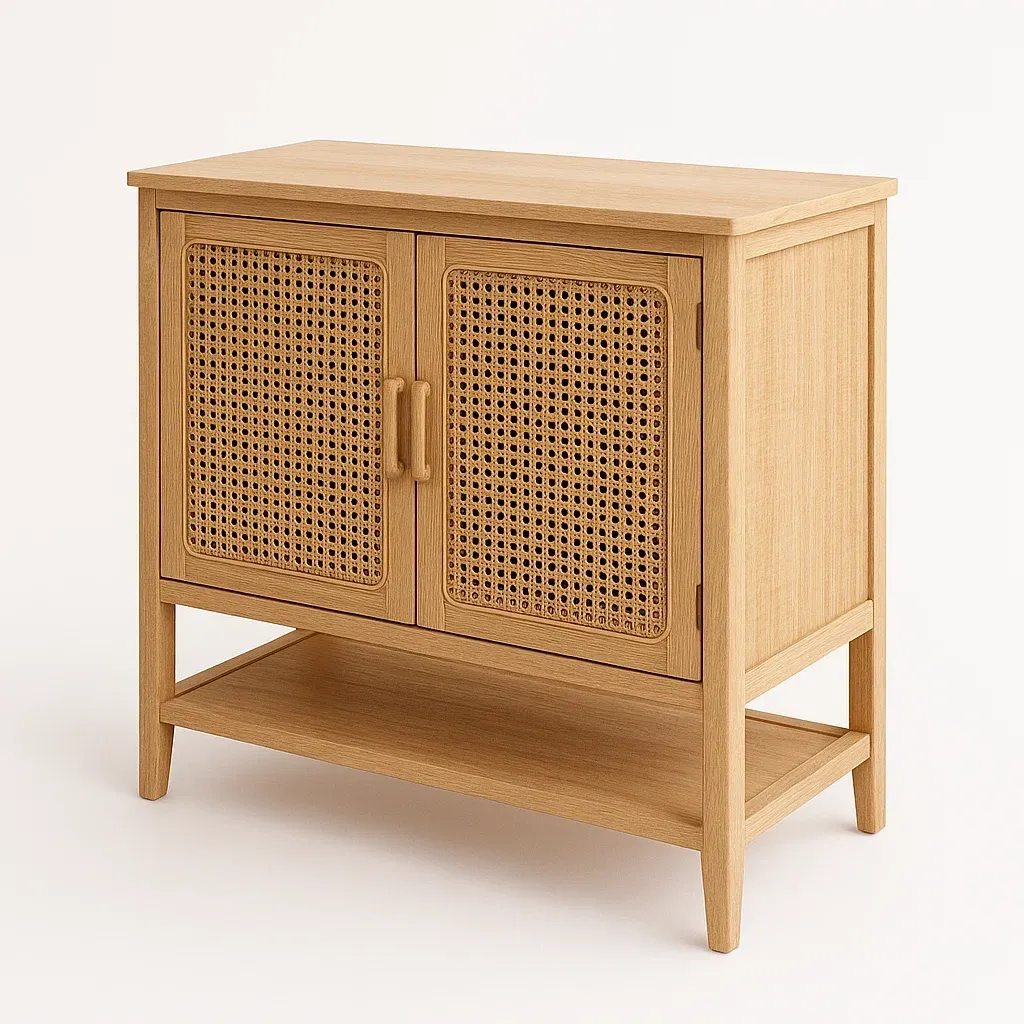Credenza in rovere con ante in rattan