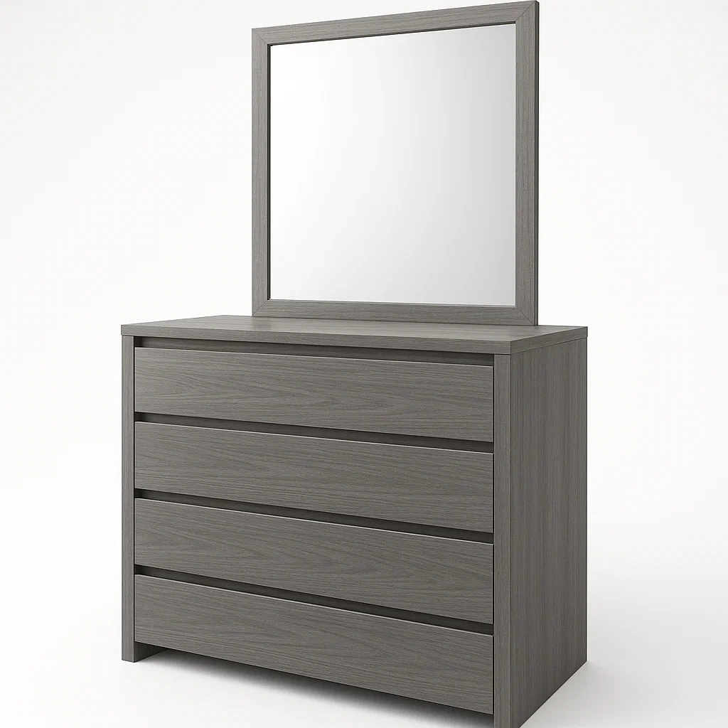 Comò con specchio in legno ingegnerizzato grigio con 4 cassetti