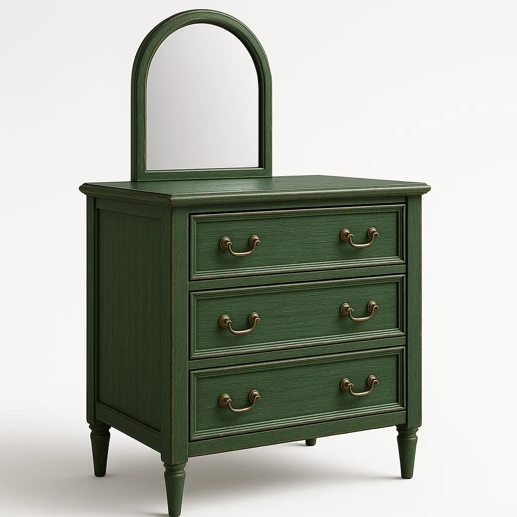 Comò in legno con specchio verde a 3 cassetti