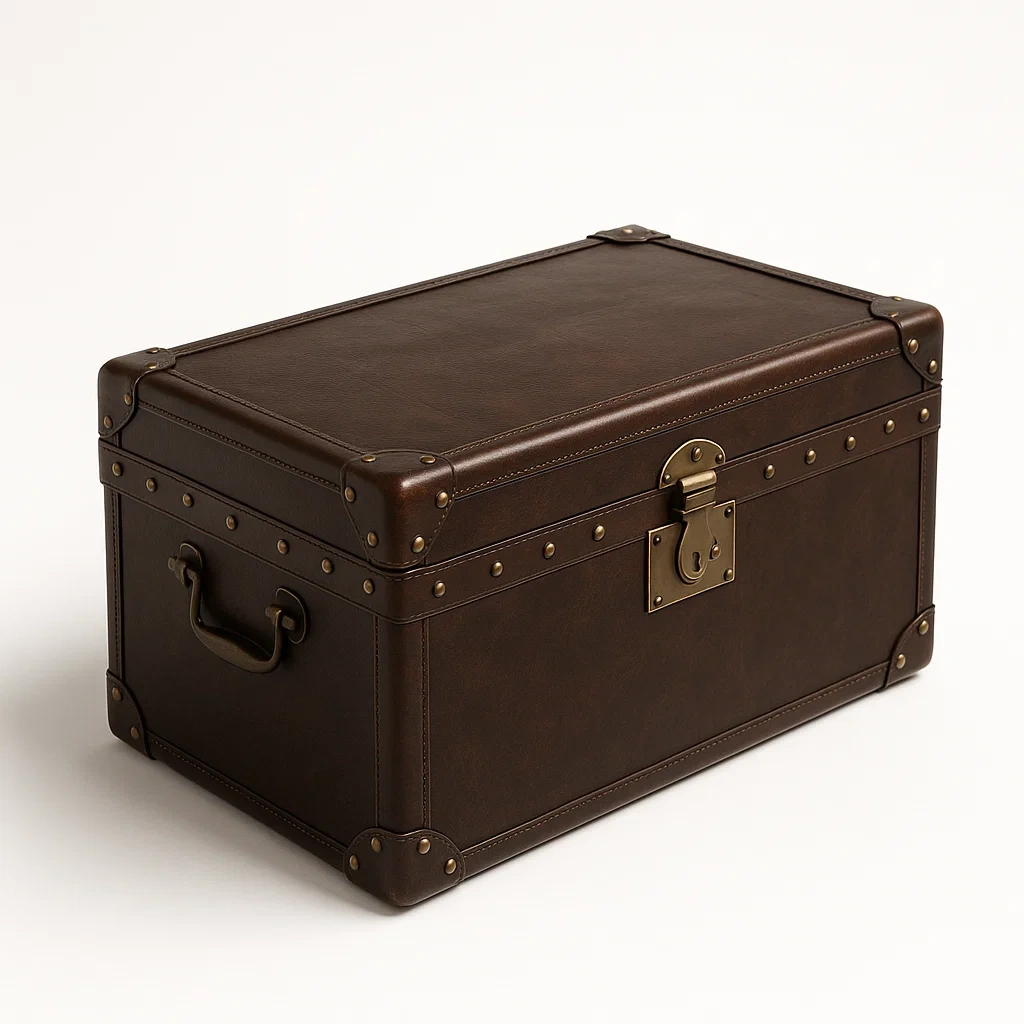 Baule contenitore rettangolare in legno sintetico e metallo marrone con serratura