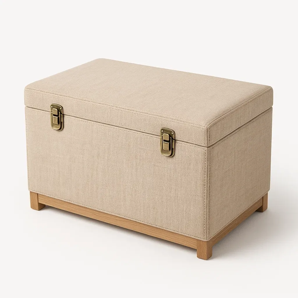 Baule contenitore in tessuto poliestere beige con serrature e gambe in legno