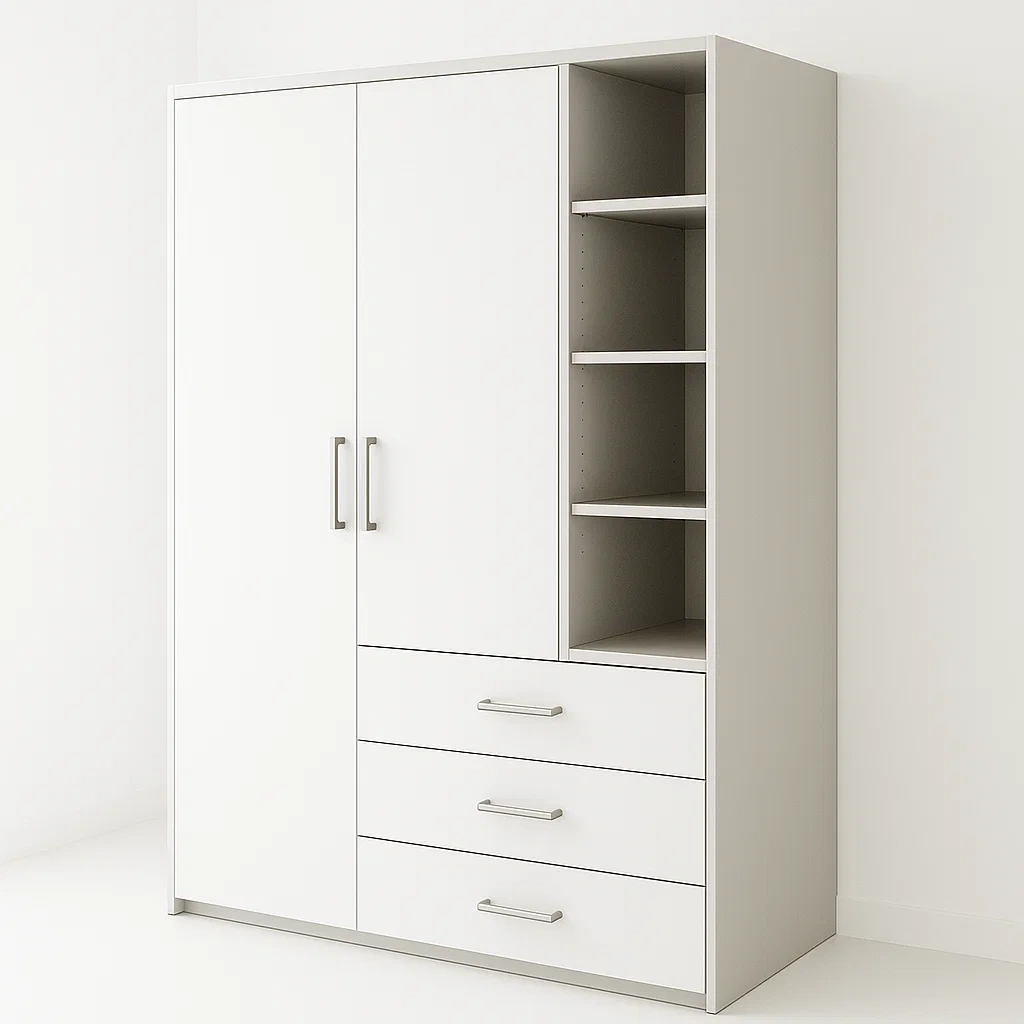 Guardaroba in legno bianco con 2 ante e 3 cassetti