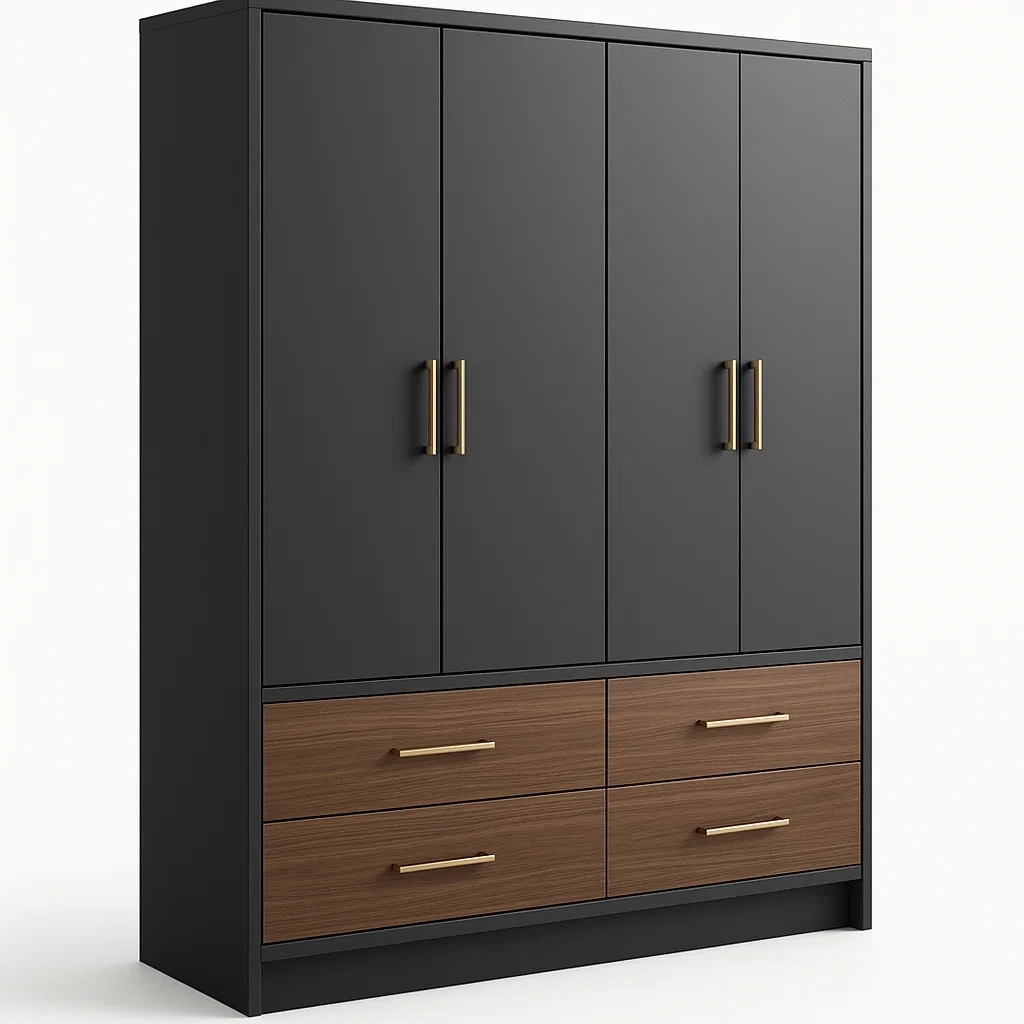 Guardaroba in MDF nero e legno con 4 ante e 4 cassetti