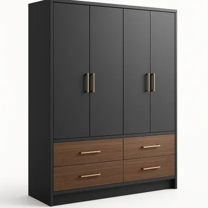 Guardaroba in MDF nero e legno con 4 ante e 4 cassetti
