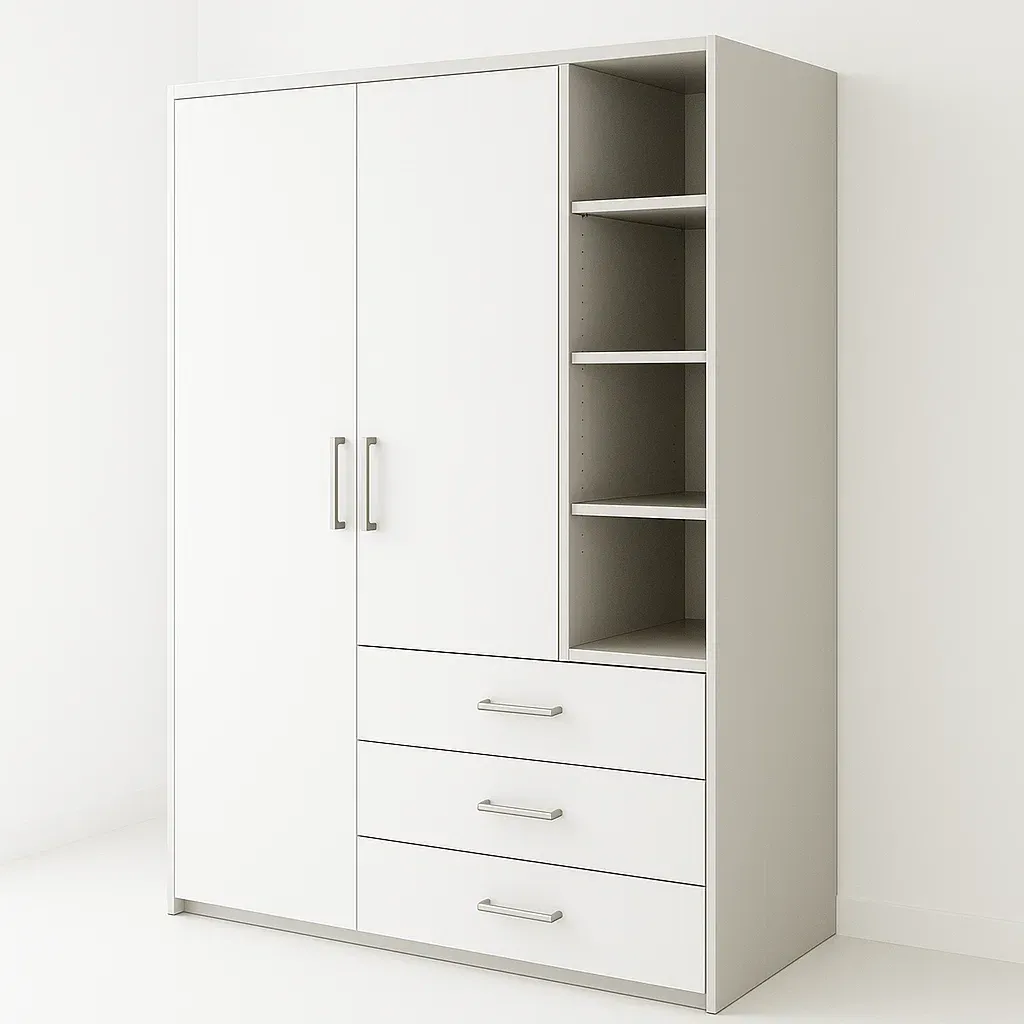 Guardaroba in legno bianco con 2 ante e 3 cassetti