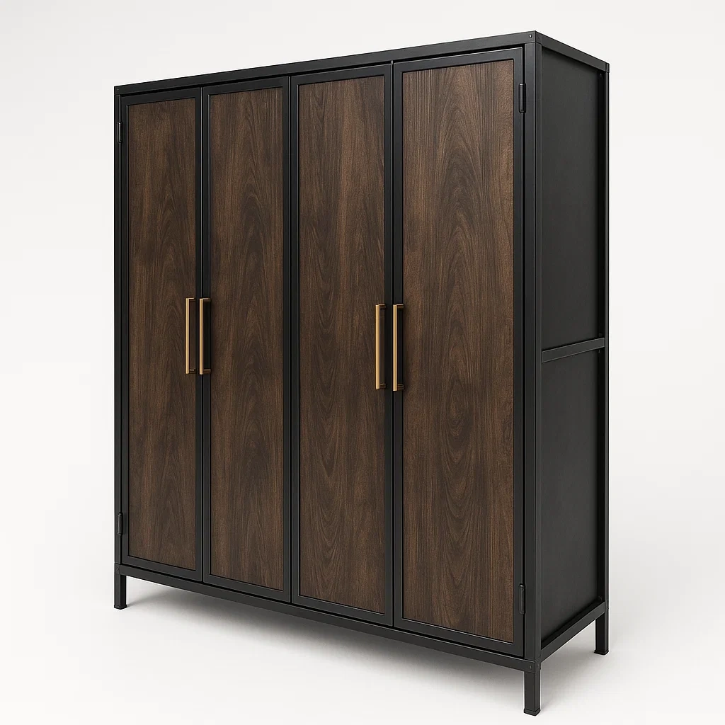 Guardaroba in legno e metallo con 4 ante marrone scuro 180×160×45 cm