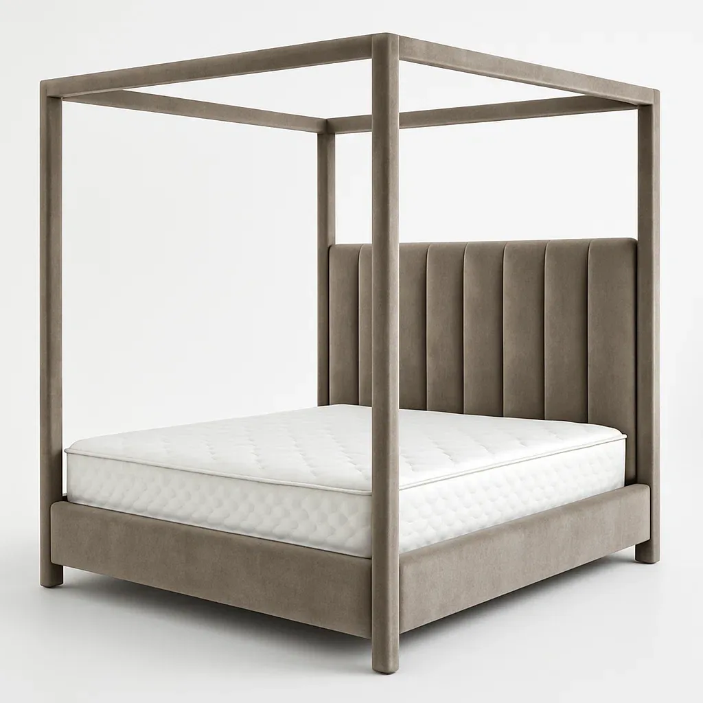 Letto a baldacchino in legno rivestito in velluto grigio