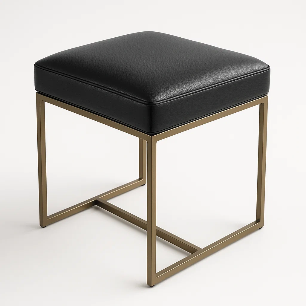 Sgabello per toeletta quadrato in metallo e pelle sintetica nera